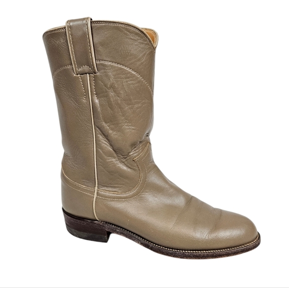 Vintage 70s Justin Boots Taupe Leather Mid Calf Western Cowgirl Boots Size 7B - Picture 2 of 14